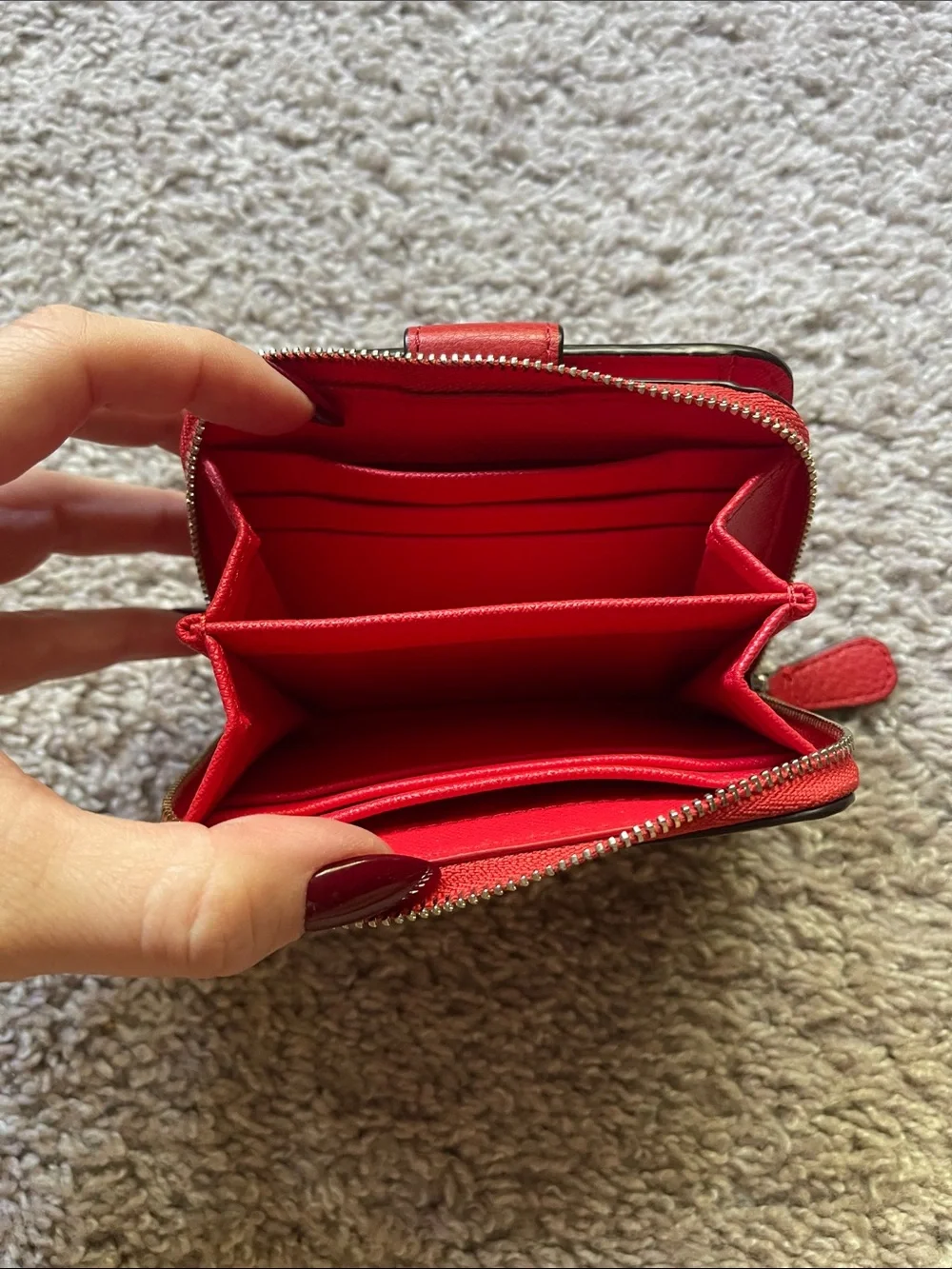 Coach Red Leather & Brown Signature Canvas Zip Card Wallet